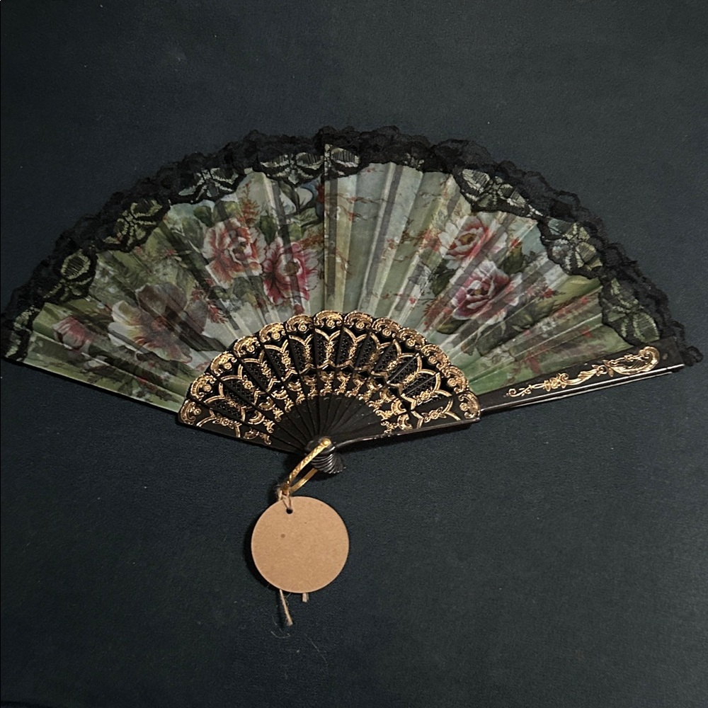 Vintage Elegant Floral Hand Fan with Black Lace